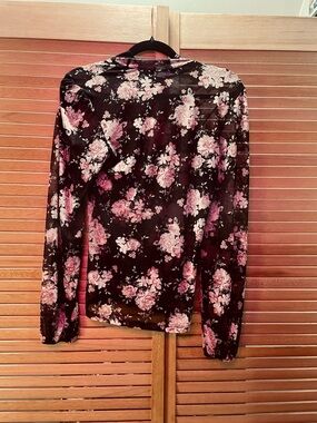 Sheer Floral Long-Sleeve Top, Black with Pink Floral, Size L